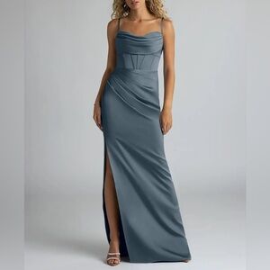 NWTs Azazie Mai Twilight Sheath Pleated Stretch Satin Formal Bridesmaid Dress